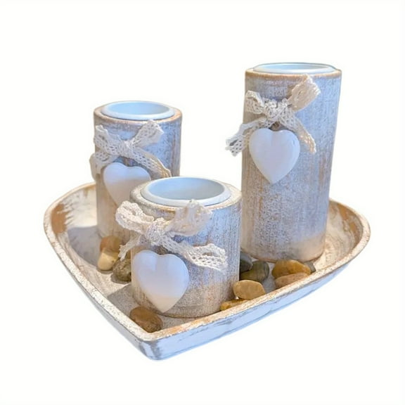 Vintage Wooden Candle Holder Set, Table Decor Wooden Heart Tray with 3 Tealight Candles Holders for Tables Centerpiece Farmhouse Living Room Decoration