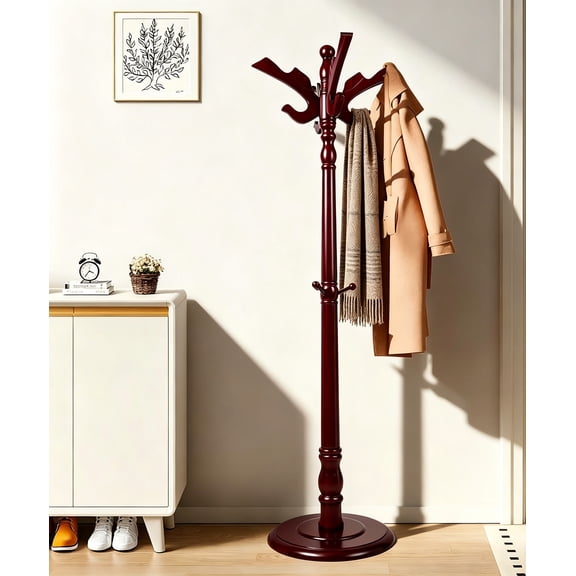 Vintage Wooden Coat Rack Freestanding, 14 Hooks, 3-Level Adjustable Height, 73-Inch Retro Coat Rack Stand for Entryway, Living Room, Office and Bedroom, Mahogany, Flying Swallow