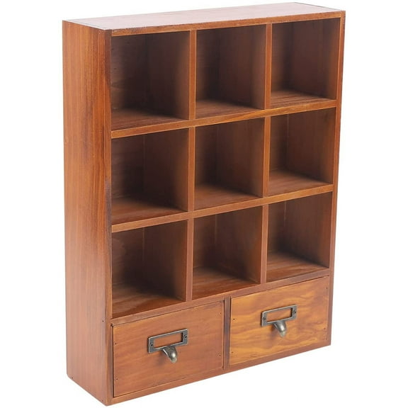 Vintage Wooden Display Shelves with 2 Drawers Storage 9 Compartment Shadow Box,Vintage Wooden Cabinet Floating Shelves Top Display Organizer