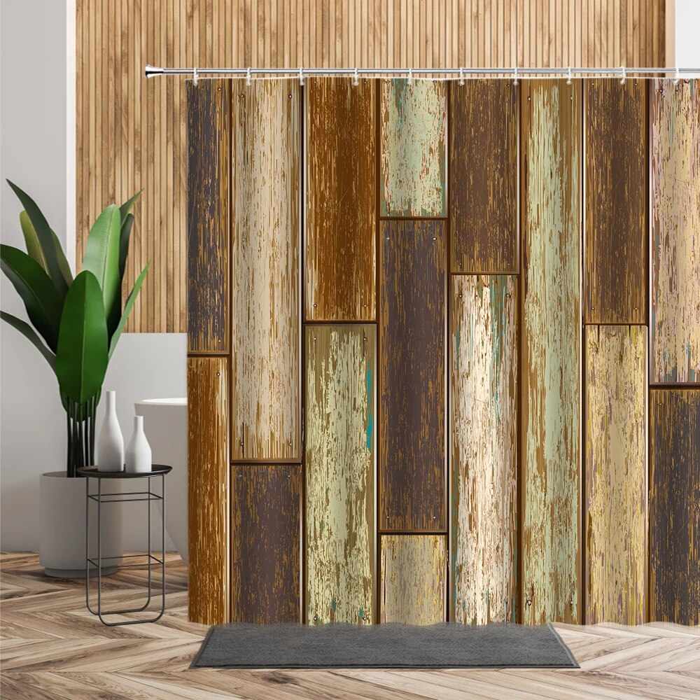 Vintage Wooden Door Shower Curtain OldFashioned Wood Grain Bathroom