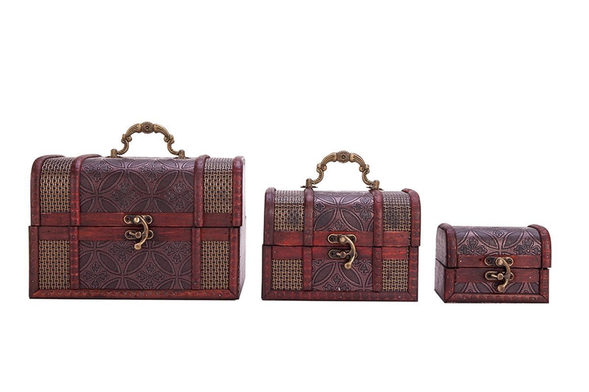THY COLLECTIBLES Vintage Wooden Embossed Flower Pattern Jewelry Treasure Box Storage Organizer Trinket Keepsake Chest Pack of 3