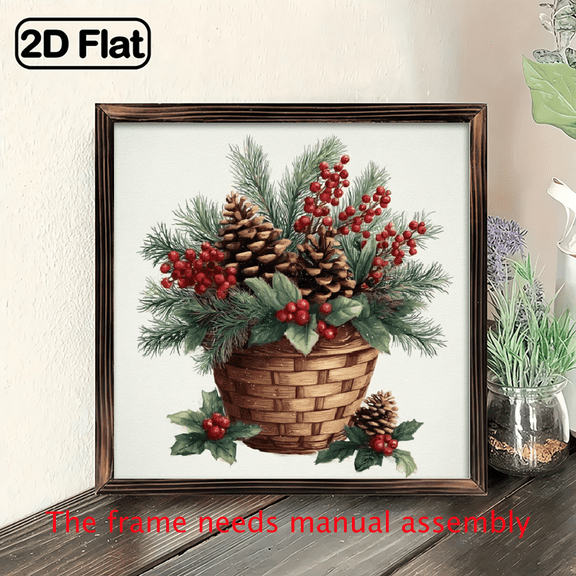 Vintage Wooden Framed Christmas Basket Wall Art with Pinecones Holly - 8x8 Inch Square Rustic Farmhouse Painting for Home, Cafe, Shop - Pine Cone Wreath Decor, Holiday Gift (Wood Frame, Green