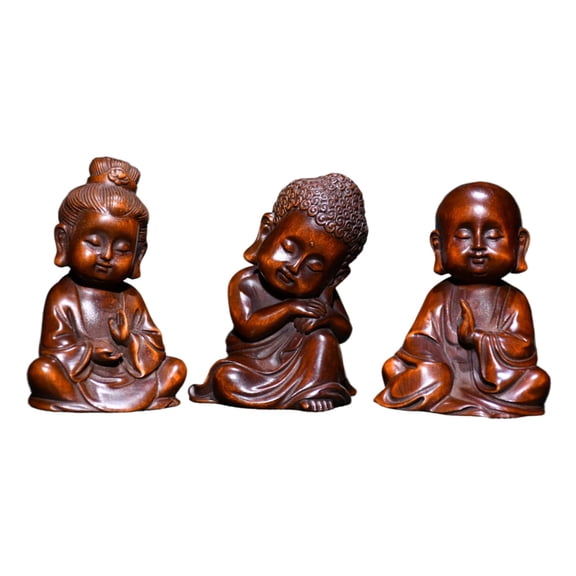 Vintage Wooden Game Exquisitely Carved Wood Mini Buddha Monk Figurines Set Cute Buddhist Peace Blessing Joy Serenity Kindness
