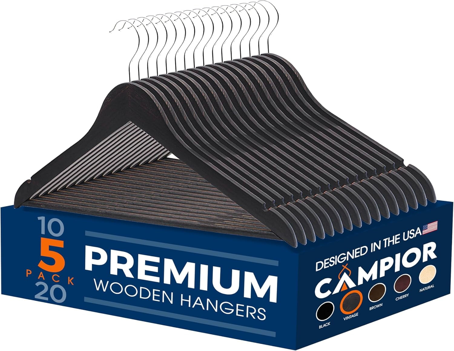 Vintage Wooden Hangers 5 Pack – Heavy-Duty with 360° Swivel Hook, Non-Slip, Pants Bar & Shoulder Grooves - Wooden Hangers for Suits, Jackets, Dresses & Camisoles, Space-Saving and Smooth Finish