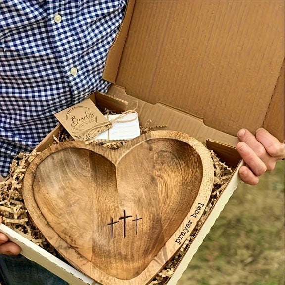Vintage Wooden Heart-shaped Prayer Bowl - 1 Piece, Engraved with Cross and "Prayer" Text, Perfect for Home Decoration, Living Room or Prayer Room
