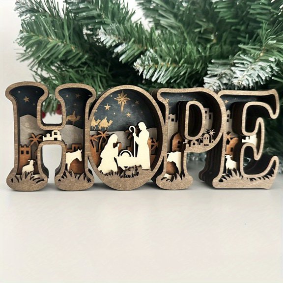 Vintage Wooden Jesus HOPE Letter Sign, 3D Carved Tabletop Decor, Religious Accent for Home Office, Christmas Easter Advent Holiday Display