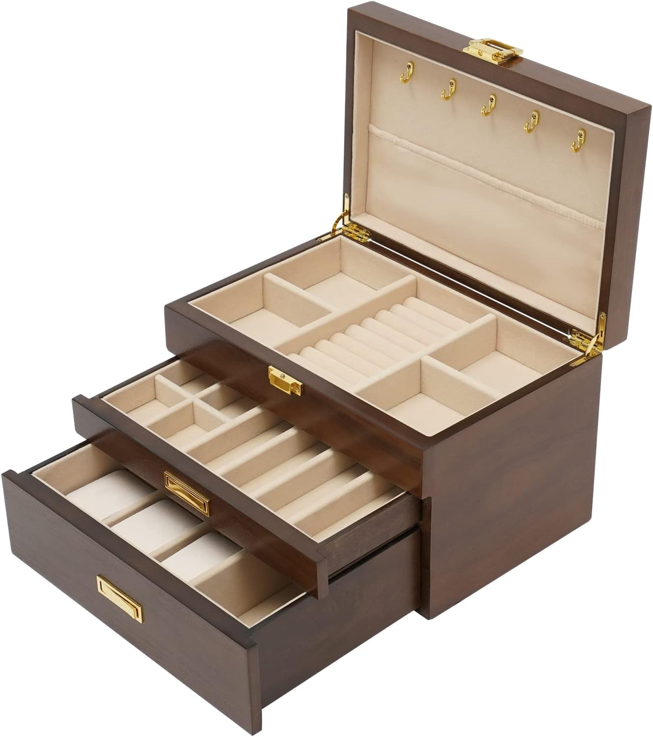 Vintage Wooden Jewelry Box for Women 3 Layers Jewelry Box Organizer Rustic Jewelry Case Cabinet for Earrings Rings Necklace Bracelet (Black Walnut )