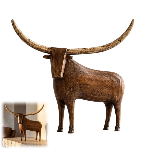 Vintage Wooden Longhorn Bull Sculpture, Rustic Western Cow Statue for Farmhouse Home Decor, Decorative Wood Figurine for Shelf, Mantel & Tabletop