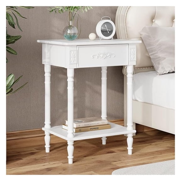 Vintage Wooden Nightstand with 1 Drawer and Bottom Shelf, Bedside Table End Side Table for Bedroom, Living Room, White (19.7W x 15.7D x 25H)