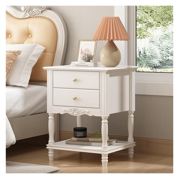 Vintage Wooden Nightstand with 2 Drawers and Bottom Shelf, Bedside Table End Side Table for Bedroom, Living Room, White (19.7W x 16.9D x 25.2H)