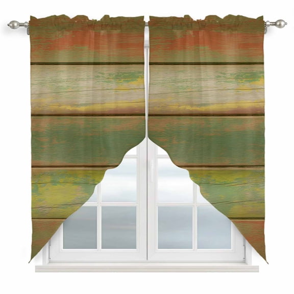 Vintage Wooden Pattern Swag Valances for Windows 2 Pack Green Yellow Red Color Block Swag Kitchen Curtains 36 Inches Long Rod Pocket Short Window Treatment for Kitchen Bathroom 28"x36"