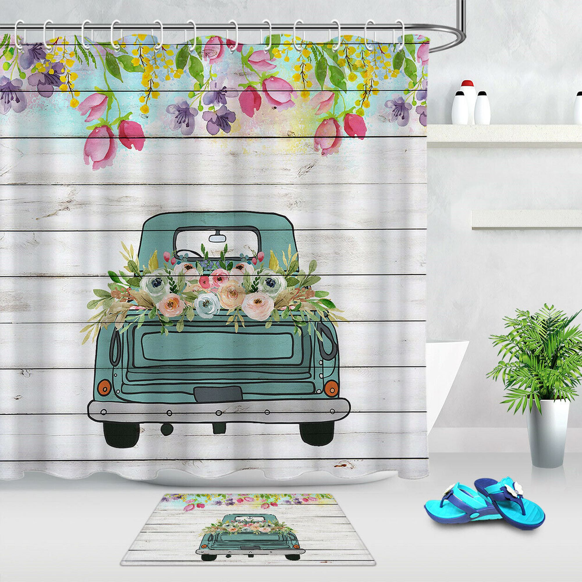 Vintage Wooden Plank Bathroom Decor with Rustic Floral Shower Curtain Add a Touch of Charm to