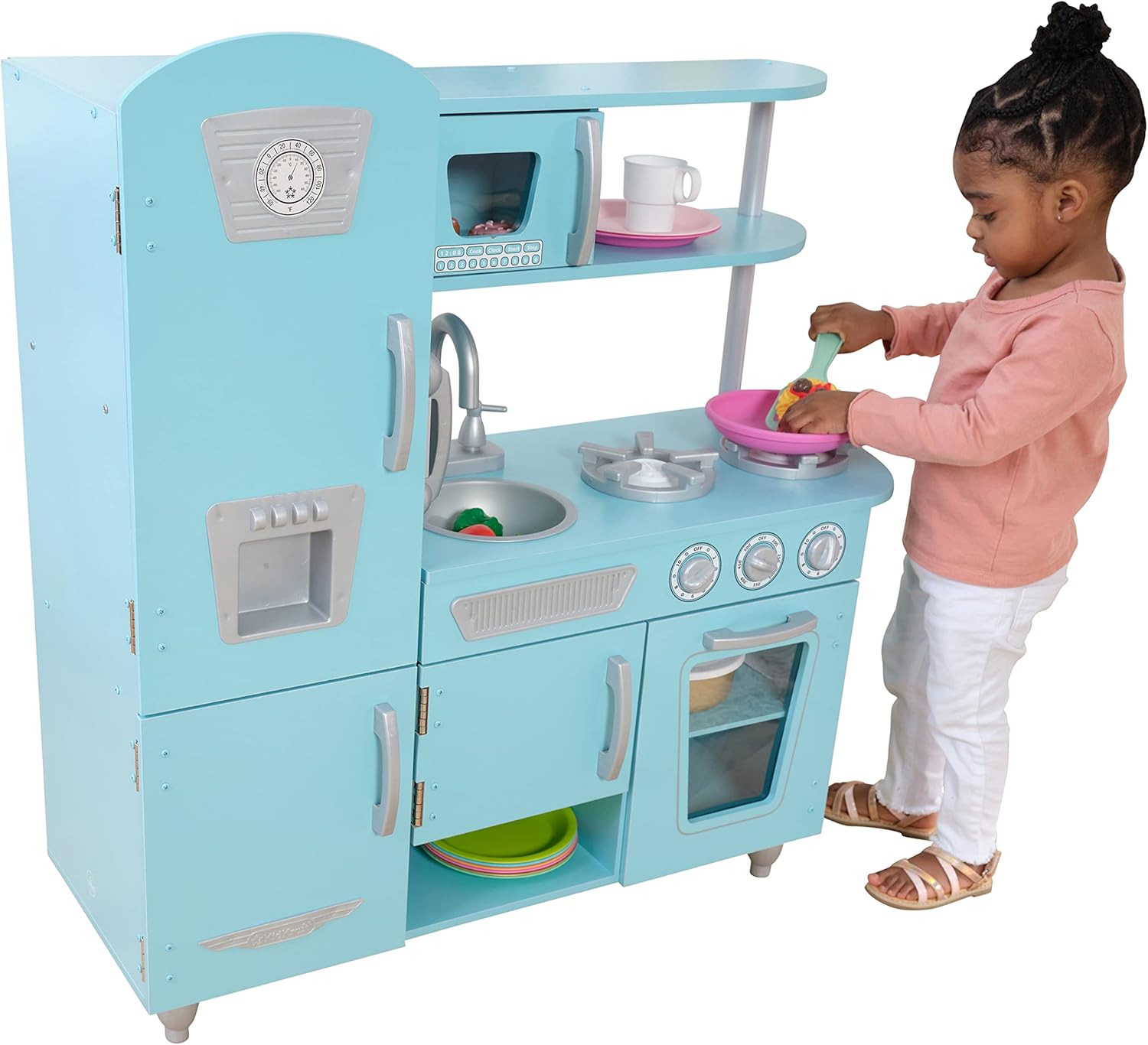 Vintage Wooden Play Kitchen with Pretend Ice Maker and Play Phone, Pink