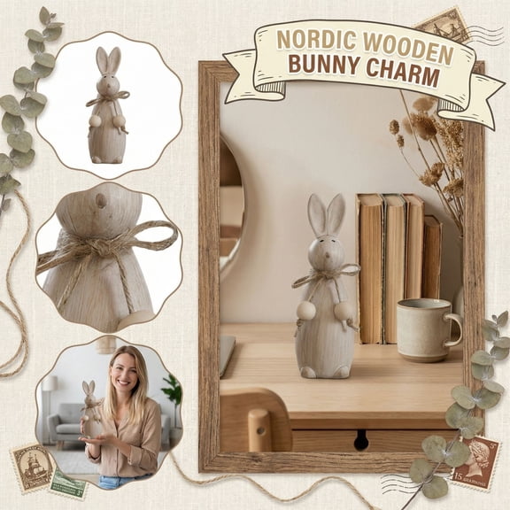 Vintage Wooden Rabbit Figurine, Rustic Animal Statue, Cottage Core Home Office Desk Decor, Modern Nordic Gift for Housewarming Christmas (1pc)