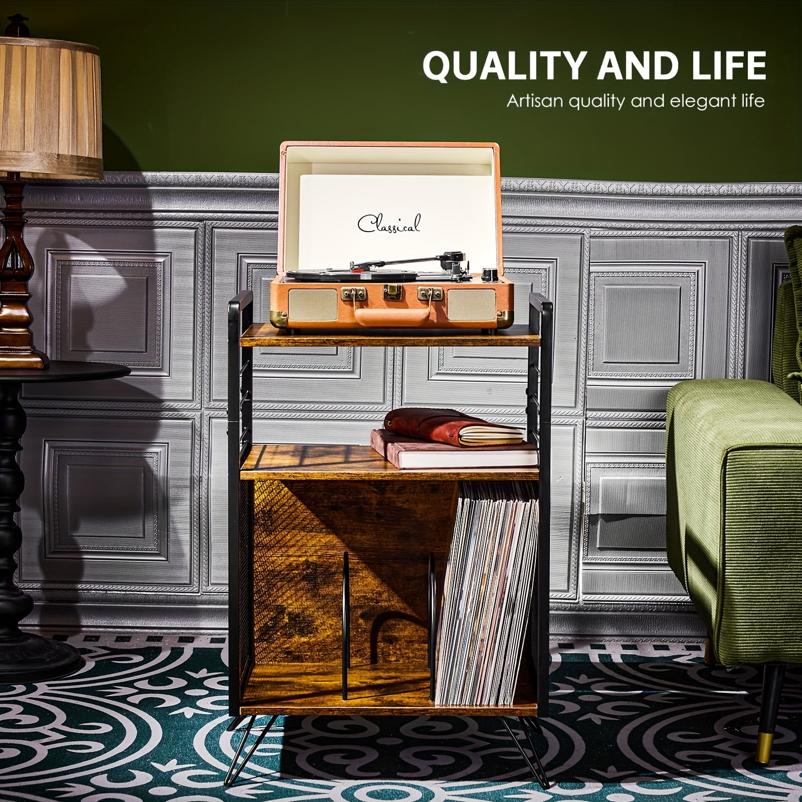 Vintage Wooden Record Player Stand With 3-Tier Storage - Holds Up To ...