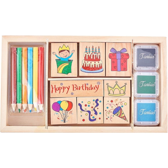 Vintage Wooden Rubber Stamp Set Happy Birthday Decorative Mounted Rubber Stamps Inkpad Color Pencil for Card Making Crafting Letters Diary Scrapbooking DIY colorful