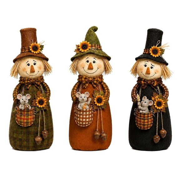 Vintage Wooden Scarecrow Fall Decor Set, Fall Decorations for Home, Wood Rustic Primitive Harvest, Figurine with Pumpkin & Flower, Outdoor Table Gift, Retro Statue