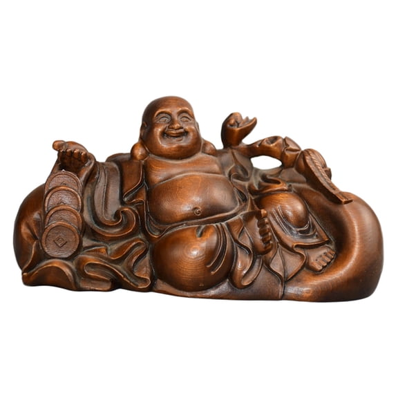 Vintage Wooden Sculpture Carved Laughing Buddha Ruyi Figurine Home Decor Auspicious Prosperity Joyfulness Benevolence Harmony