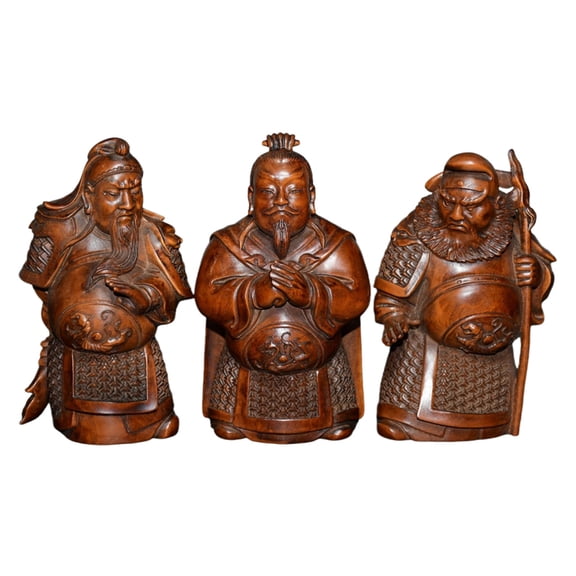 Vintage Wooden Sculpture Carved Wood Figurine Set Three Kingdoms Heroes Liu Guan Zhang Oriental Loyalty Brotherhood Honor Unity