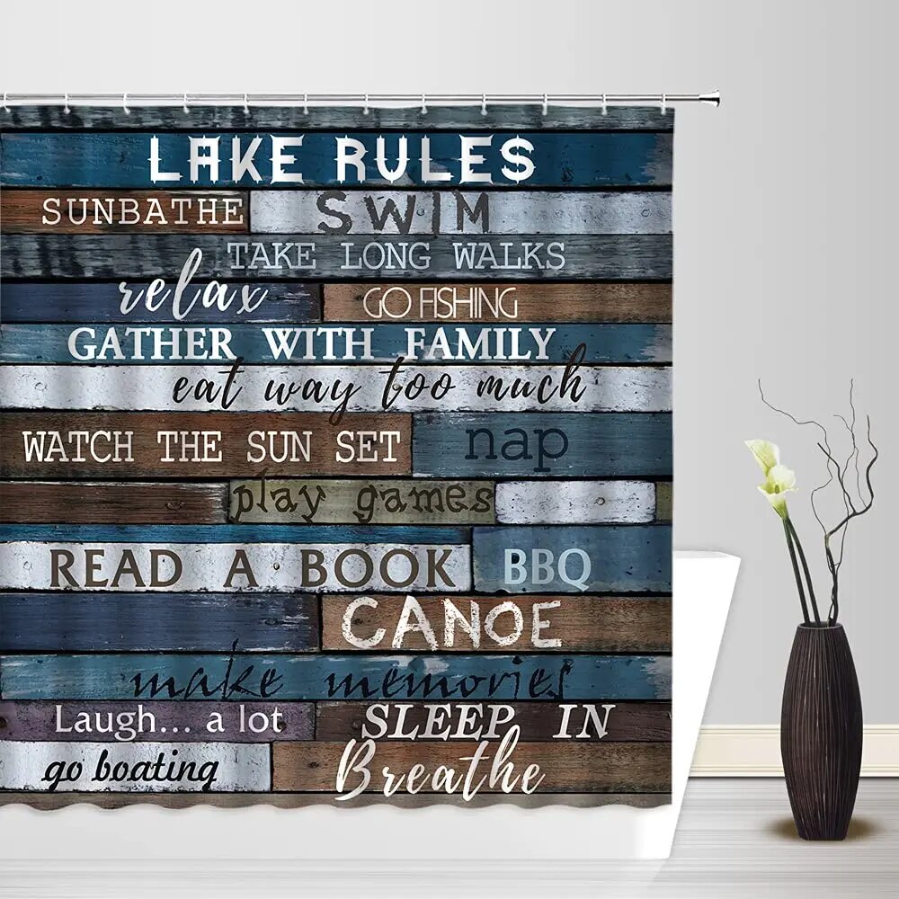 Vintage Wooden Shower Curtains Lake Rules Rustic Funny Inspirational