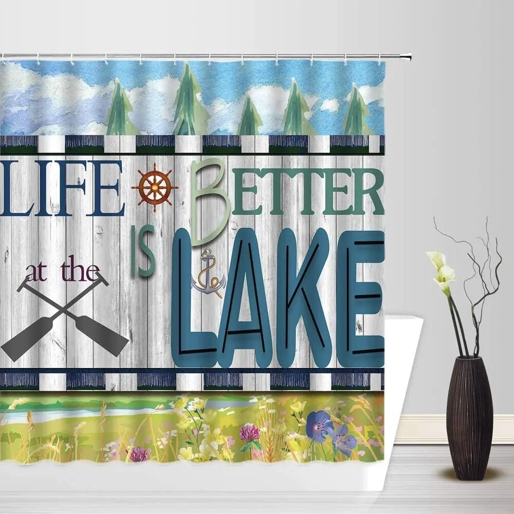 Vintage Wooden Shower Curtains Lake Rules Rustic Funny Inspirational
