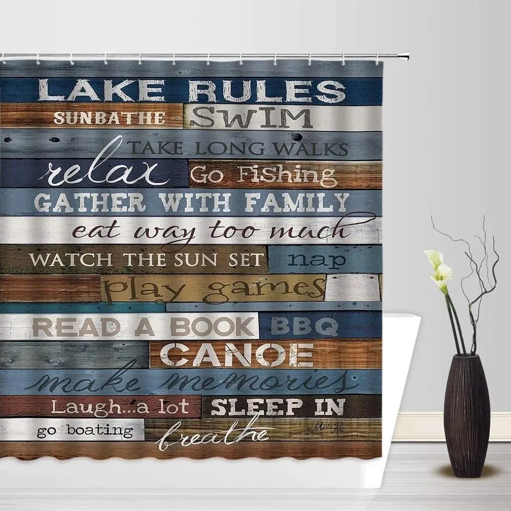 Vintage Wooden Shower Curtains Lake Rules Rustic Funny Inspirational