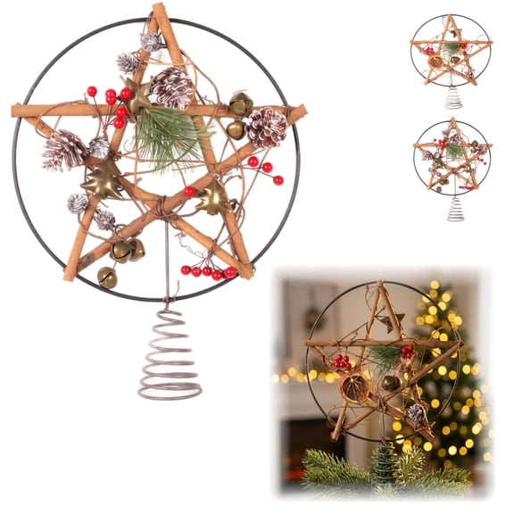 Vintage Wooden Star Christmas Tree Topper 10.2x12.6in Rustic Farmhouse Decor with Pine Cone Bell Accents,Iron Ring,for Seasonal Tree Display (B)