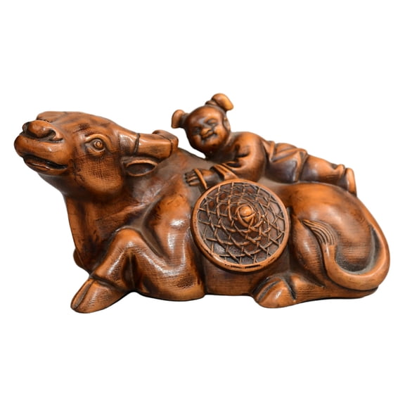 Vintage Wooden Statue Carved Figurine Herdsboy Riding Buffalo Boxwood Handcrafted Chinese Pastoral Simplicity Tranquility