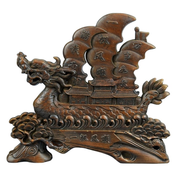 Vintage Wooden Statue Carved Screen Dragon Sailboat Chinese Decorative Prosperity Fortune Success Progress Journey Voyage