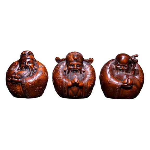 Vintage Wooden Statue Fu Lu Shou Trio Carved Figurines Adorable Exquisitely Happiness Prosperity Harmony Blessing Grace