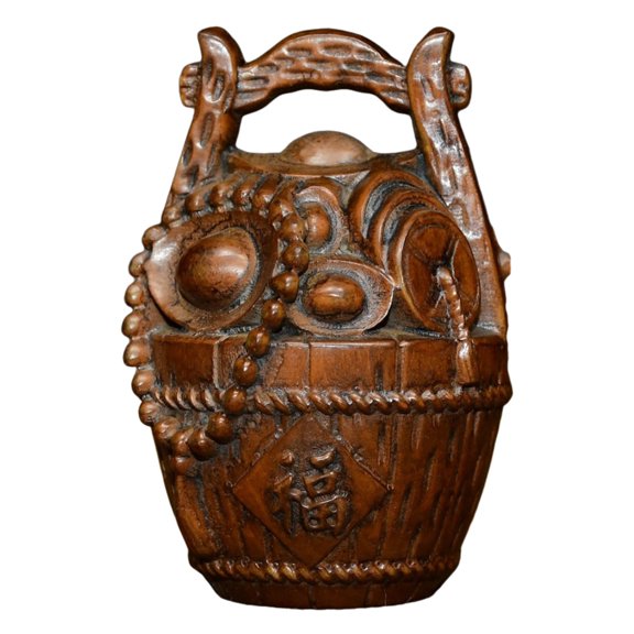 Vintage Wooden Statue Handcarved Figurine Sculpture Fortune Basket Oriental Wealth Prosperity Auspiciousness Abundance Gathering
