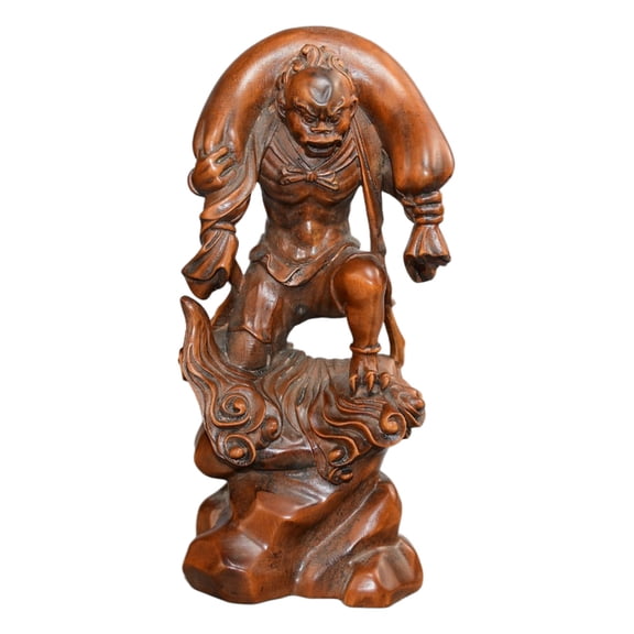 Vintage Wooden Statue Wind God Sculpture Figurine Carved Protection Harmony Vitality Blessing Prosperity Guard Peace Auspicious