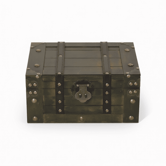 Vintage Wooden Storage Trunk Chest Box with Hinged Lid, Latch, Metal Accents and Brass Rivets, Distressed Green, Small - Rustic Organizer for Family Room or Dorm