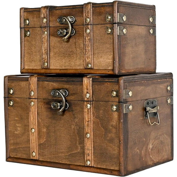 Vintage Wooden Storage Trunk Set of 2 with Antique Finish, Decorative Wooden Boxes with Metal Embellishments, Nesting Treasure Chest for Home Dcor, Jewelry, Keepsakes, Gifts, Brown