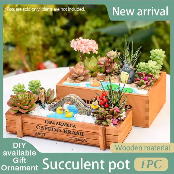 Vintage Wooden Succulent Planter Box Rectangular DIY Mini Fairy Garden Micro Landscape Pot Decor Gift for Cactus Small Plants