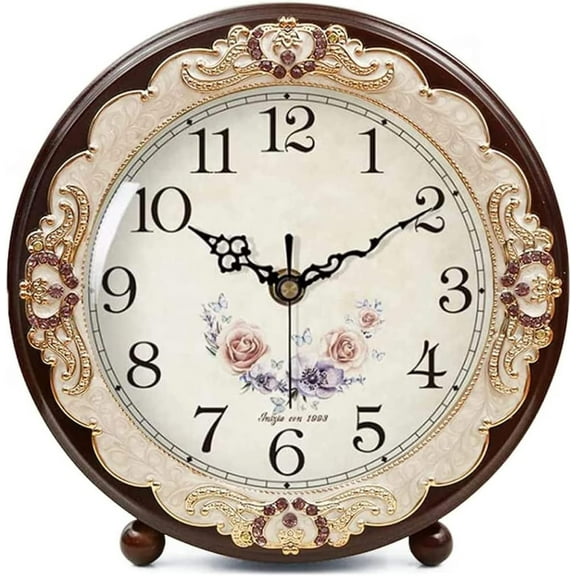 Vintage Wooden Table Clock, Retro Non-Ticking European Style Beside Mantle Desk Clock Battery Operated Silent Quartz Movement for Bedroom Living Room Indoor Decor