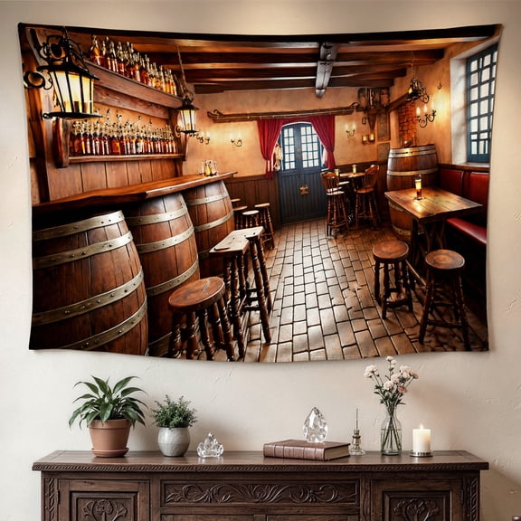 Vintage Wooden Tavern Pub Interior Wall tapestry, Large size Printed Horizontal Tapestry blanket, Polyester Fabric Wall Hanging for living room, bar, No Installation Required, Indoor, Outdoor, Gift f