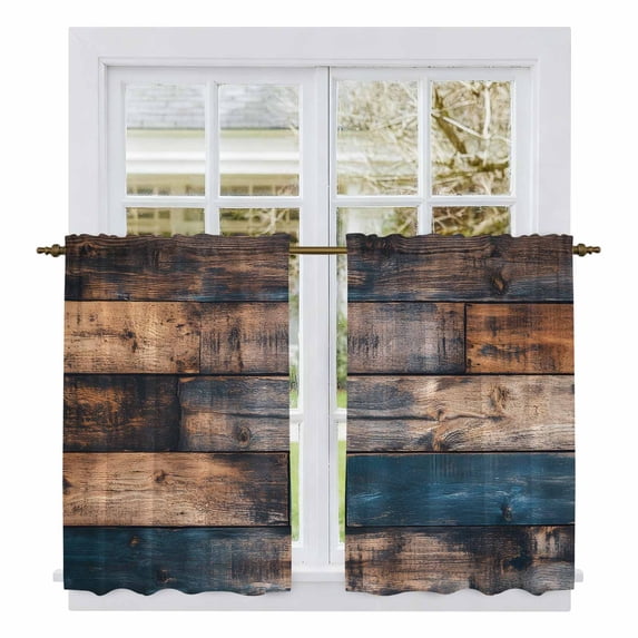 Vintage Wooden Tier Curtains, Farmhouse Retro Shabby Wood Light Filtering Kitchen Curtains, 2Pcs Rod Pocket Half Window Treatments Panels for Sink Cafe Cabinet Basement 27.5x45 Inches