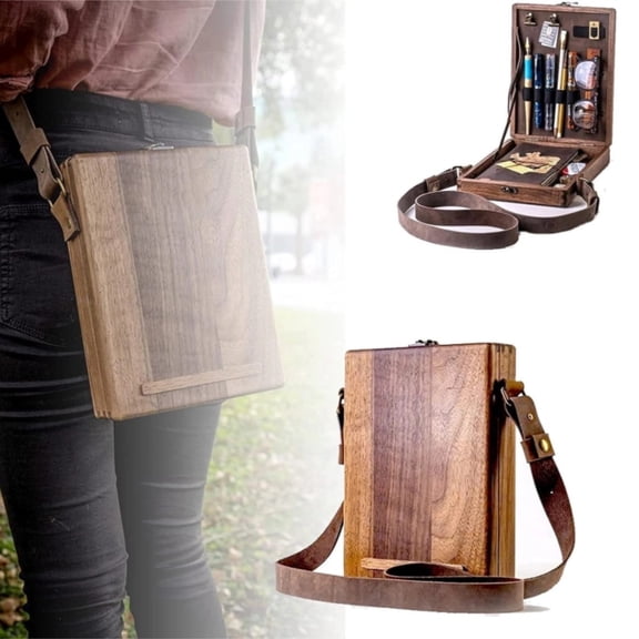 Vintage Wooden Tool Storage Box, Writer Messenger Wood Box, Portable Artist Sketch Pochade Box, Multi-Functional Outdoor Drawing Carrier Case with Shoulder Strap