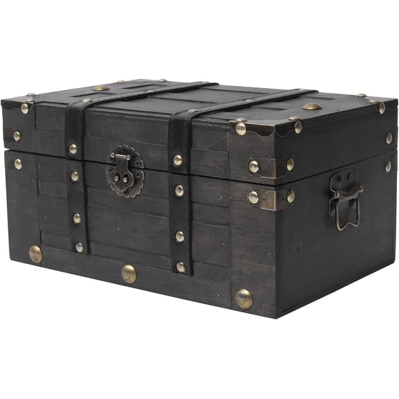Vintage Wooden Treasure Chest (11" x 7.1" x 5.5") - Decorative Pirate Box with Sturdy Hinged Lid - Antique Style Storage Trunk for Classroom, Keepsakes, & Party Props, Black