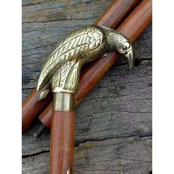 Vintage Wooden Walking Stick  Raven Brass Handle, Nautical Victorian Cane for Halloween