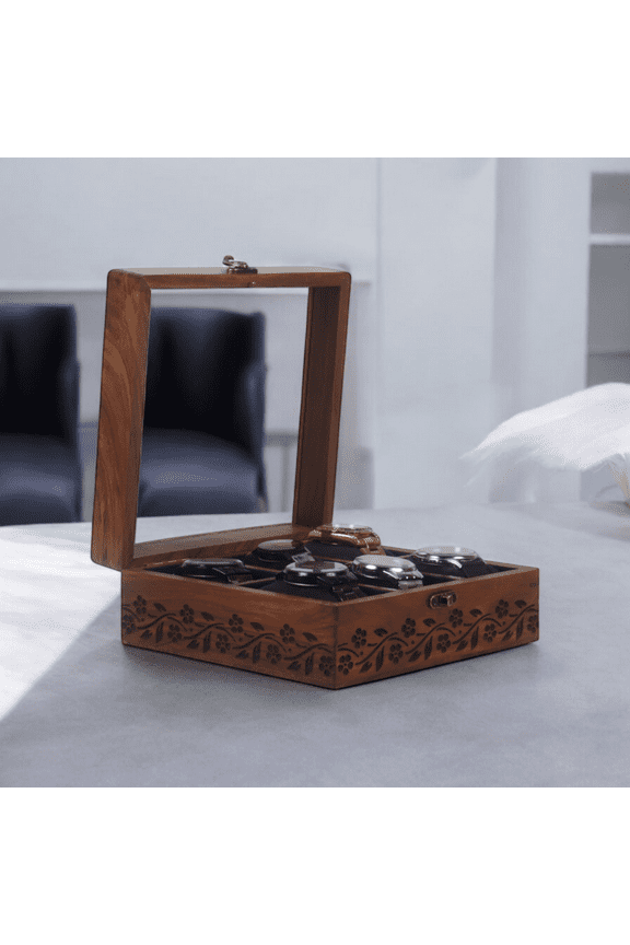Vintage Wooden Watch Box with 6 Slots, Storage Organizer, Watch Boxes & Cases, Includes 6 Individual Compartments with Soft Velvet Padding, 20.0 cm x 20.0 cm x 8.0cm