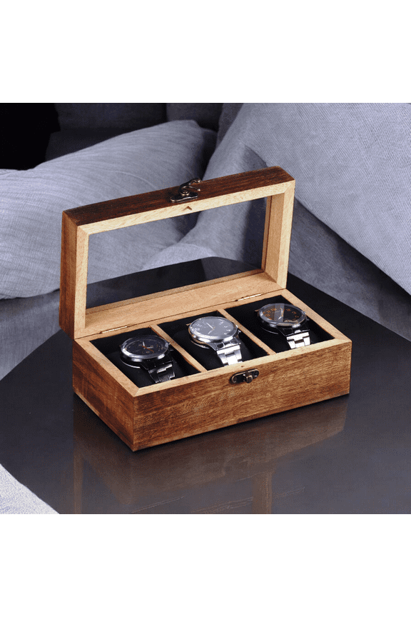Vintage Wooden Watch Box for Men, Personalised Timepiece Display Case & Storage Organizer, Handcrafted Watch Box with 3 Slots, Custom Gift