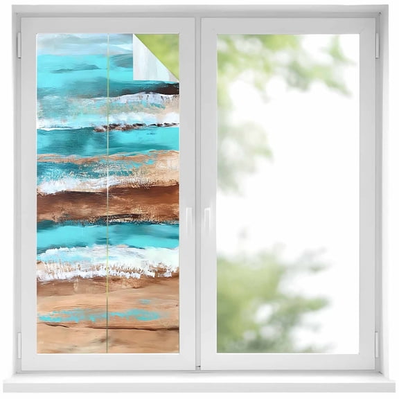 Vintage Wooden Window Privacy Film Board Abstract Blue Turquoise Wood Grain Decorative Glass Window Film UV Blocking Static Cling Non-Adhesive Sticker Covering for Home Door 17.7 x 39.3 inches
