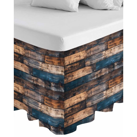 Vintage Wooden Wrap Around Bed Skirts for Queen Bed 16" Drop, Bed Skirt with Adjustable Elastic Belt Dust Ruffle Bed Valance for Bedroom Hotel Luxury Farmhouse Retro Shabby Wood Bed Frame Cover