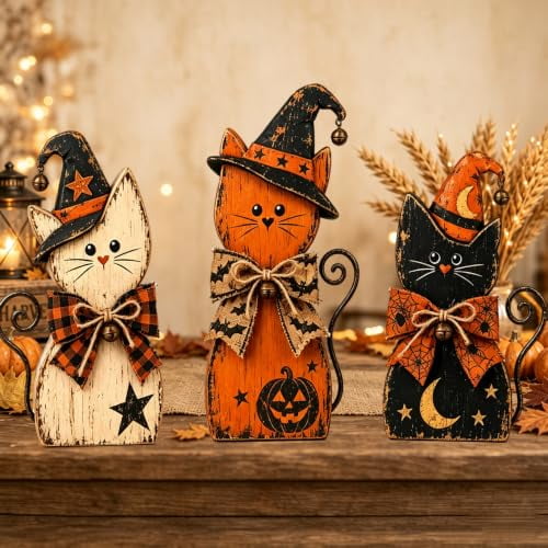 Vintage Wooden cats Decor Set of 3| Display on Mantels, Shelves, Entryway Tables, Coffee Bars, And Kitchen Counters