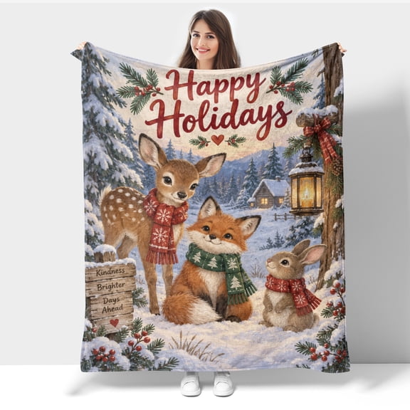 Vintage Woodland Animal Christmas Flannel Throw Blanket, Winter Forest Fawn Fox Rabbit Holiday Decor Blanket, Soft Cozy Xmas Throw 80X60IN