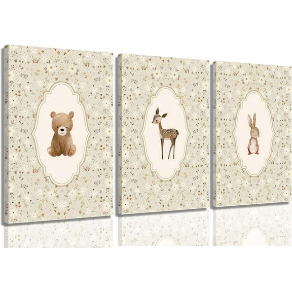 Vintage Woodland Animals Nursery Canvas Wall Art Cute Bunny Bear Deer Picture Wall Decor Country Poster Painting Print Neutral Artwork for Girls Room Kids Room Baby