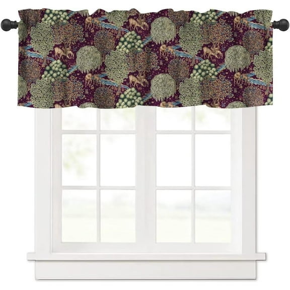 Vintage Woodland Animals Window Valance Curtain, William Morris Retro Boho Floral Tree Plant Deers Pattern Window Treatment Valances for Home Kitchen Café Décor 54''x18'', 1 Panel