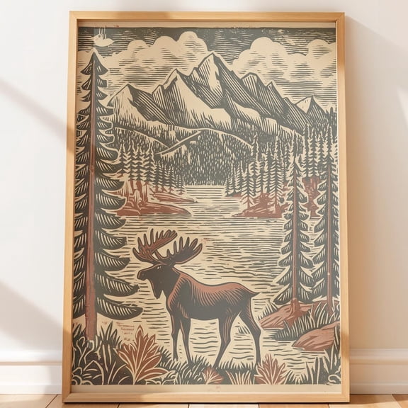 Vintage Woodland Native Rustic Lake Scene Illustration, Pines and Mountains Wall Art Print